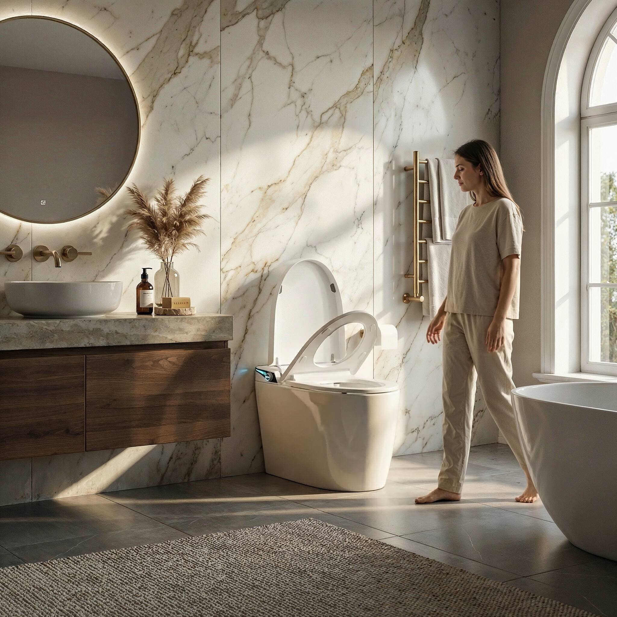 Back. TOTTE - Smart Toilet with Auto Open Lid & Foot Sensor - Intelligent One-Piece Bidet Toilet,Heated Seat Warm Water Wash Air Dryer - White.