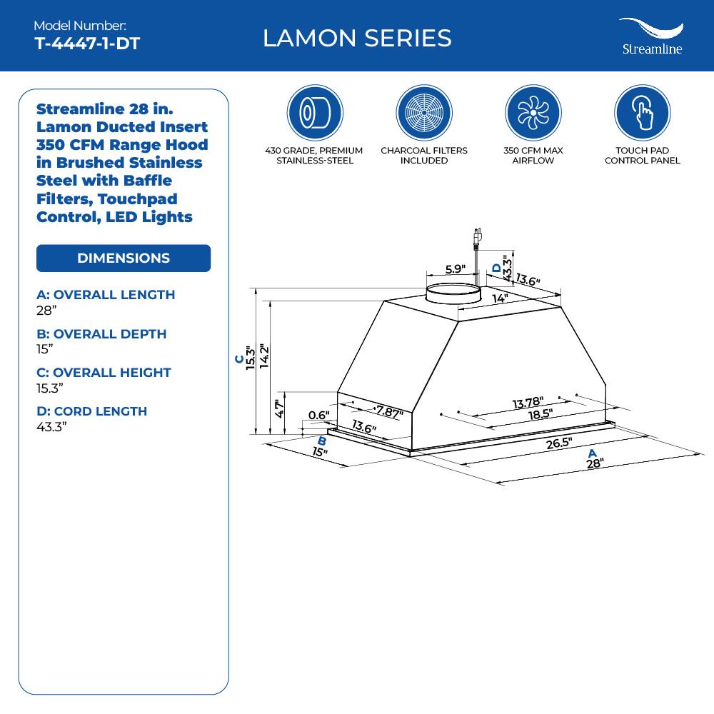 Model Number: T-4447-1-DT LAMON SERIES

Streamline 28 in. Lamon Ducted Insert 350 CFM Range Hood in Brushed Stainless Steel with Baffle Filters, Touchpad Control, LED Lights

450 GRADE, PREMIUM CHARCOAL FILTERS STAINLESS-STEEL INCLUDED

350 CFM MAX AIRFLOW

TOUCH PAD CONTROL PANEL

DIMENSIONS

A: OVERALL LENGTH 28"

B: OVERALL DEPTH 15"

C: OVERALL HEIGHT 15.3"

D: CORD LENGTH 43.3"