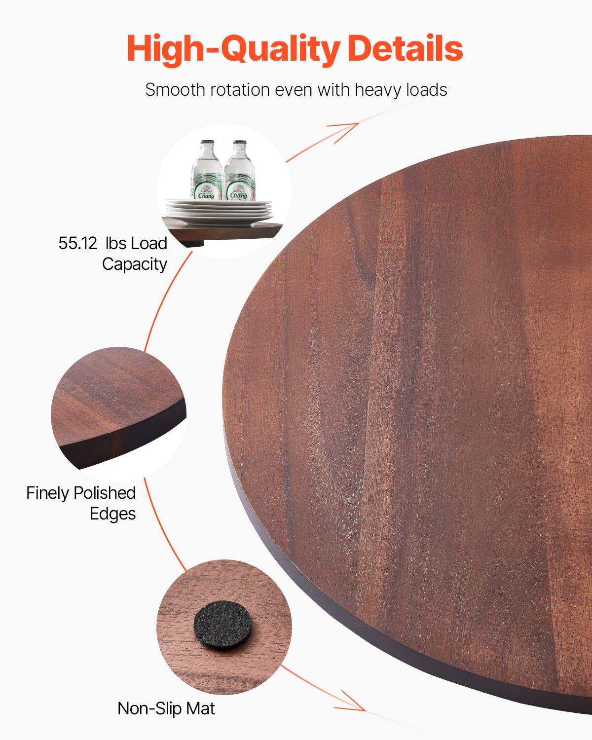 High-Quality Details  
Smooth rotation even with heavy loads  
55.12 lbs Load Capacity  
Finely Polished Edges  
Non-Slip Mat