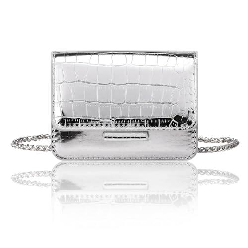Front. ESBANY - Silver Mini Crossbody Bag for Women, PU Leather Small Evening Purse, Dressy Clutch Handbag for Nightclub Parties - Silver.