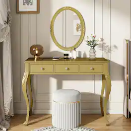 Loheer - Makeup Vanity Desk with Oval Mirror and Three Drawers - Gold