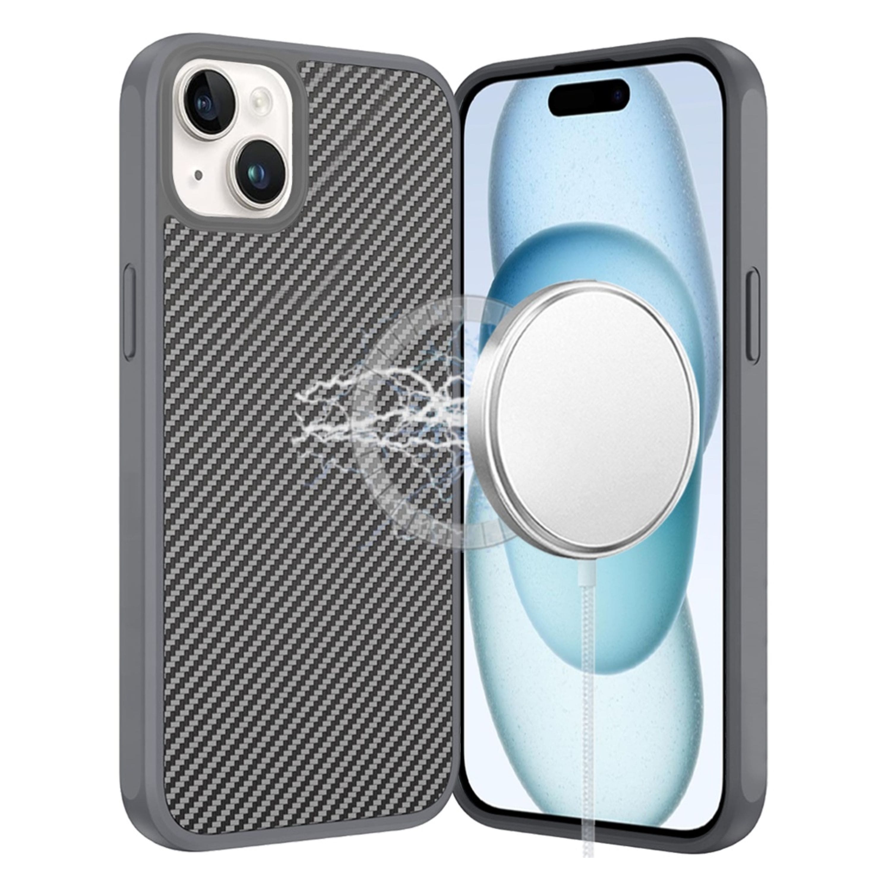 Kitcheniva - Carbon Fiber Print Hidden Magnetic Circle Phone Case With 2 Pcs Tempered Glass For iPhone 15 Grey - Gray price history on PriceWatchPro