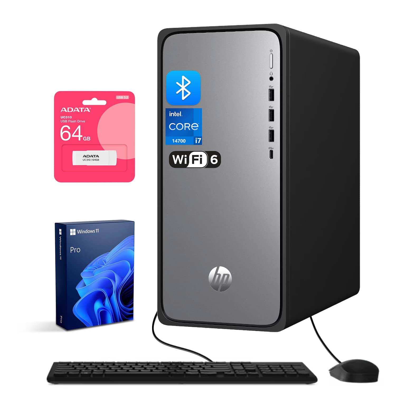 HP - OmniDesk Desktop - Intel Core i7-14700 with 16GB DDR5 RAM - 1TB SSD - With Adata UC310 64GB USB Flash Drive - Black