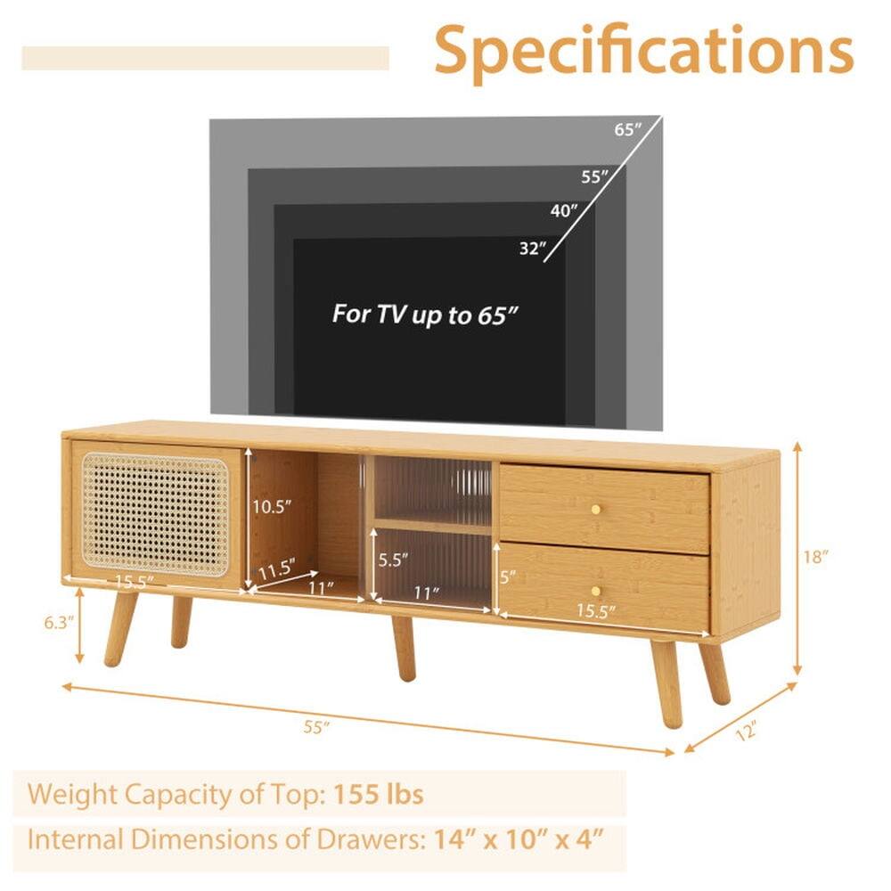 Specifications

- For TV up to 65"
- 65"
- 55"
- 40"
- 32"

- 10.5"
- 6.3"
- 15.5"
- 11.5"
- 11"
- 5.5"
- 11"
- 5"
- 15.5"
- 18"
- 55"
- 12"

- Weight Capacity of Top: 155 lbs
- Internal Dimensions of Drawers: 14" x 10" x 4"