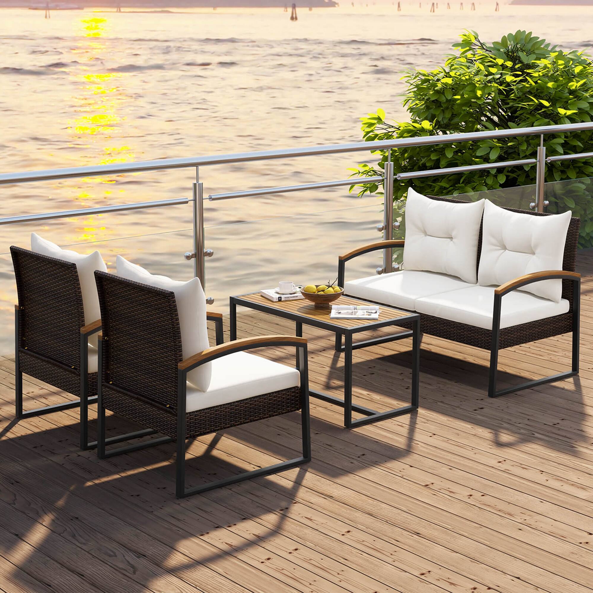 Alt View 3. Costway - 4 PCS Patio Conversation Set with Coffee Table Solid Acacia Wood Armrests Tabletop - Mix Brown,Off White.