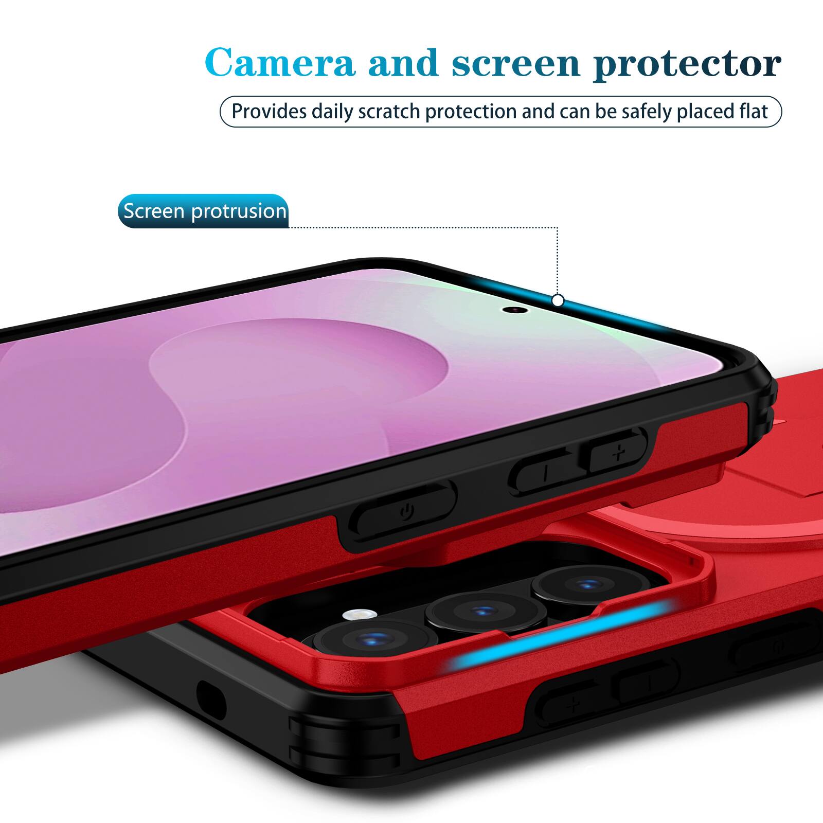 Camera and screen protector  
Provides daily scratch protection and can be safely placed flat  
Screen protrusion