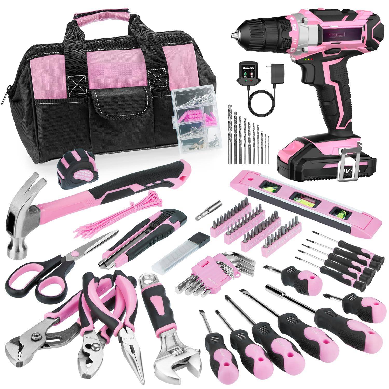 Front. JETRANSPORT - 20v 236pcs Cordless Pink Drill Set For Women Lady's Home Tool Kit With Bag Diy Electric Repair & Gifts - Default.