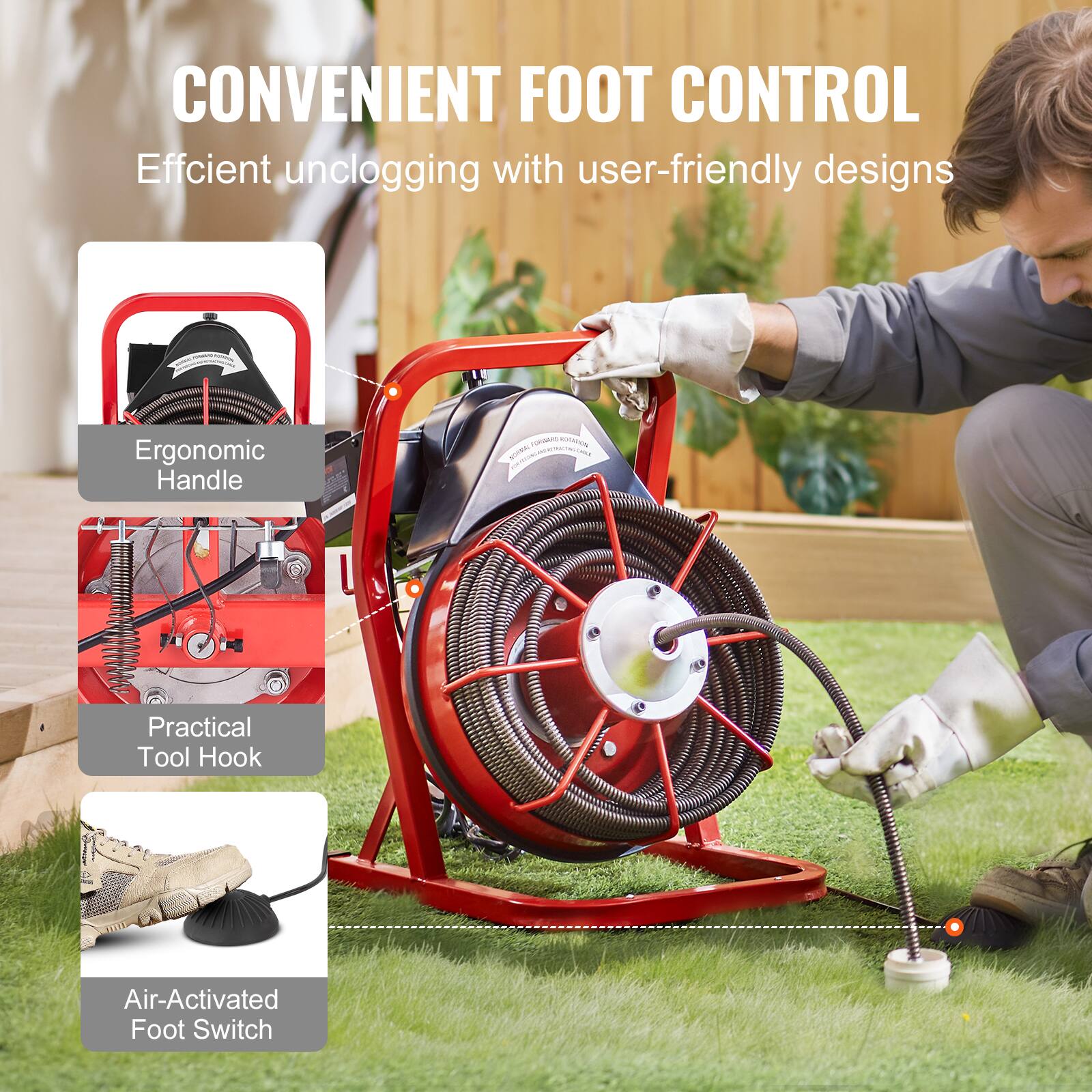 CONVENIENT FOOT CONTROL
Efficient unclogging with user-friendly designs
Ergonomic Handle
Practical Tool Hook
Air-Activated Foot Switch