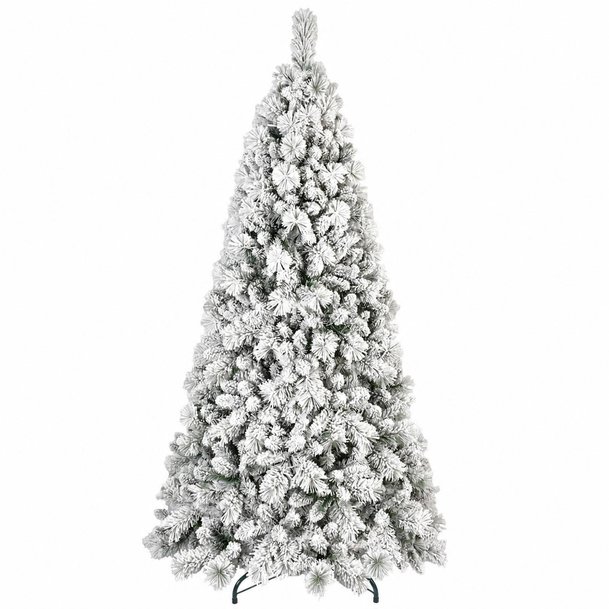 Front. RYHNUYNE - 9FT Flocked Christmas Tree, 1964 Snowy PVC Hard Needle Branches Hinged Design Easy Setup Stable Metal Stand - Green,White.
