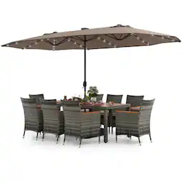 Mondawe - 11 Pieces Patio Dining Set with 15 Feet Double-Sided Patio Umbrella Base Included - Tan