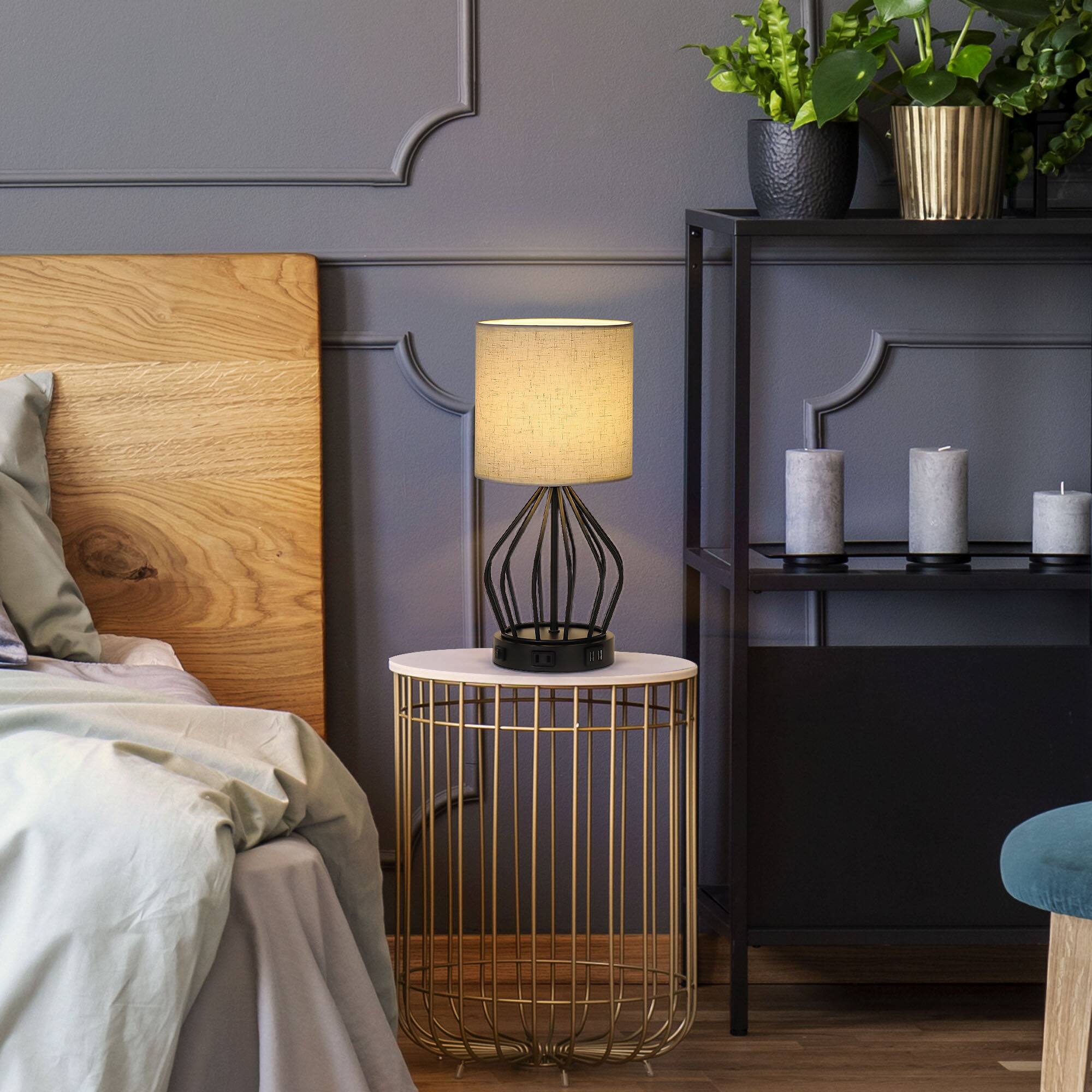 Back. Oumilen - 2-Piece Table Lamp Set with USB Ports, Black Cage Style Metal Base with Linen Shades.