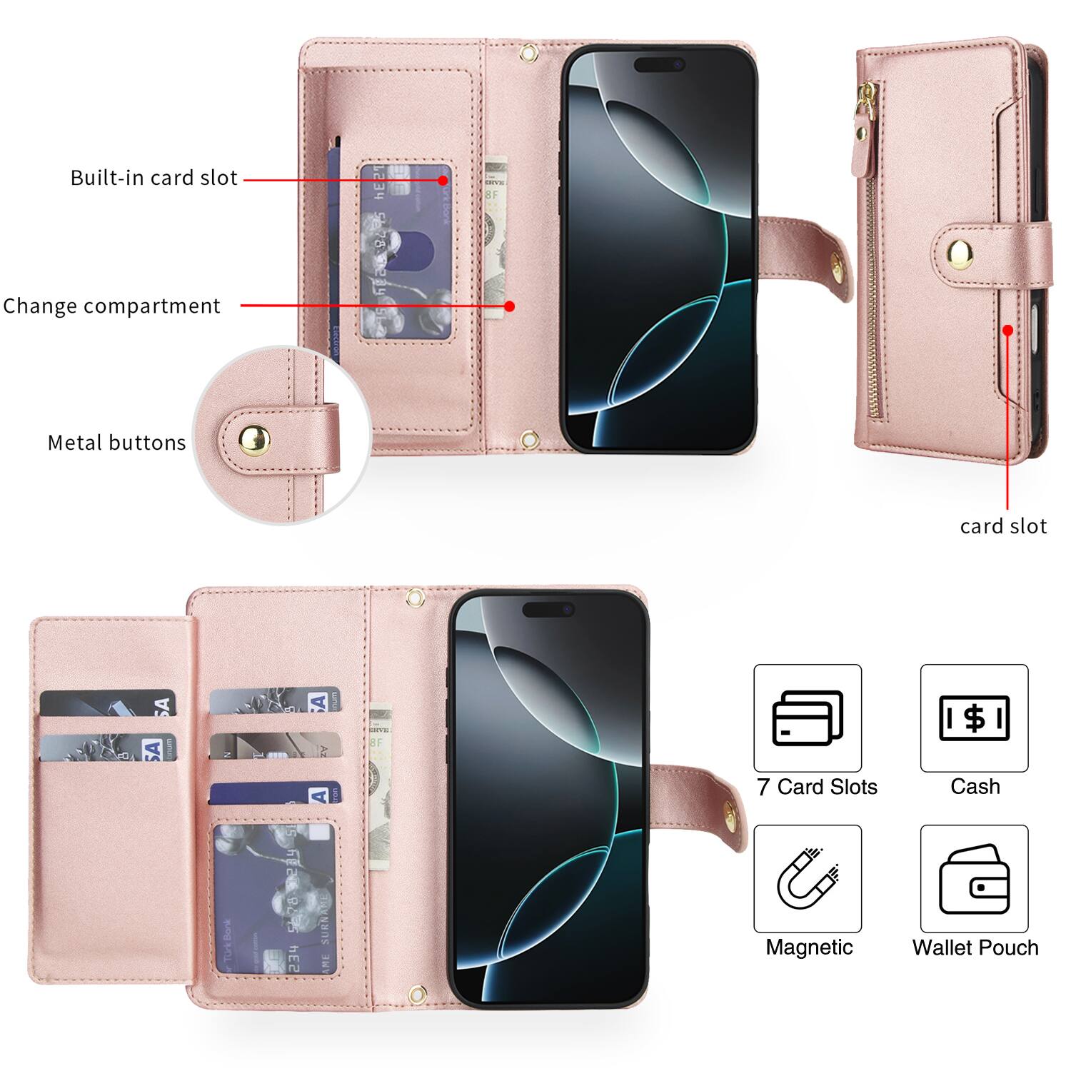 Built-in card slot  
Change compartment  
Metal buttons  
Card slot  

7 Card Slots  
Cash  
Magnetic  
Wallet Pouch