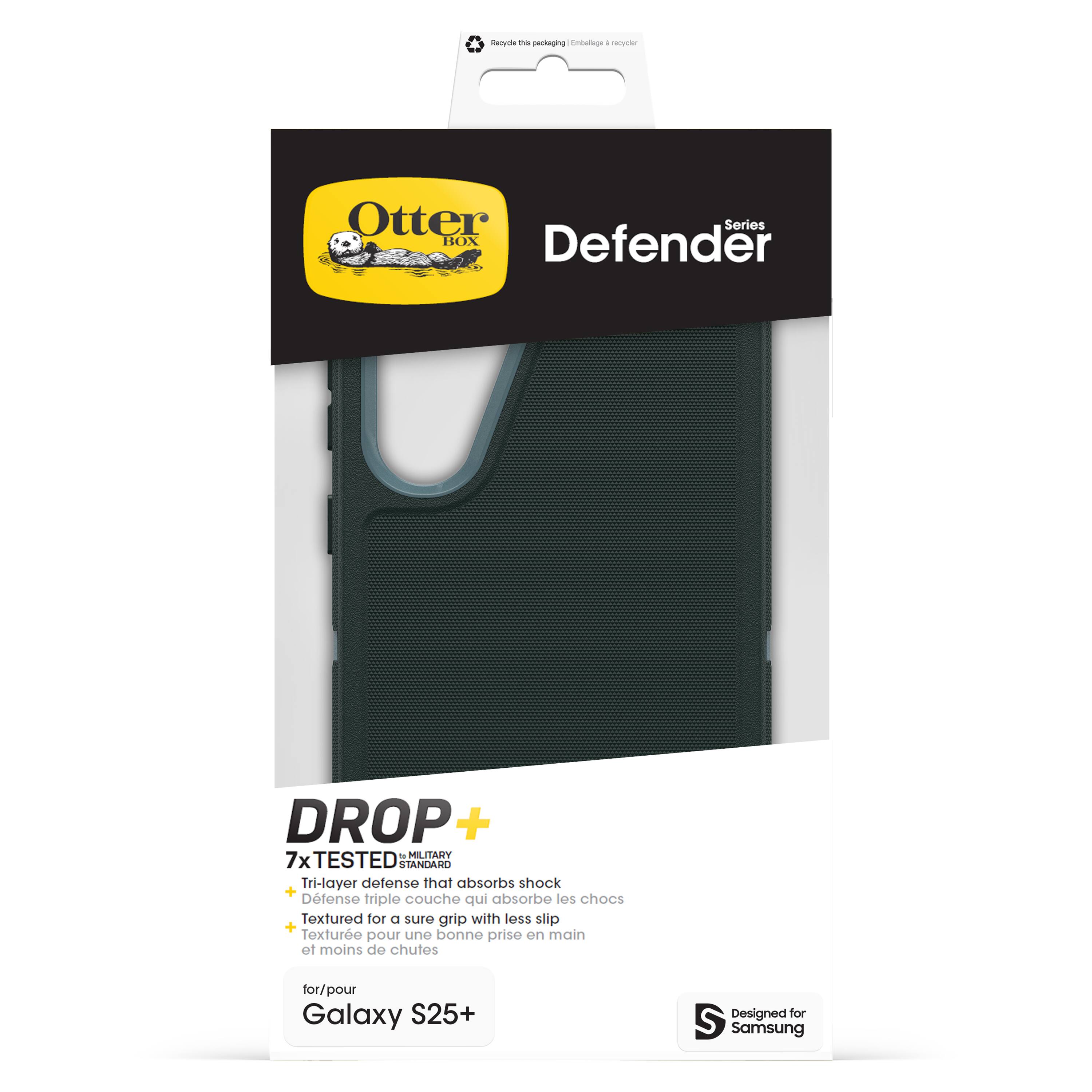 The text on the image is in French, but it can be grouped and translated as follows:

"Scyda The gedlaging Enbolnge - eetter Otter Series BOX Defender DROP +. MEE JTARY 7x TESTED 0 STANDARD Tri-layer defense that absorbs shock + Dtense triple couche qui absorbe los chocs Textured for a sure grip with less slip + Texture pour une bonne prise en main et moins de chutes for/pour Galaxy S25+ Designed for Samsung."

This text describes a product called "Otter Box Defender DROP +," which is a case for the Galaxy S25+ phone. The case is designed to protect the phone from drops and impacts, and it features a textured surface for better grip. The product is also advertised as being "7x TESTED," which implies that it has been tested extensively to ensure its durability and effectiveness.