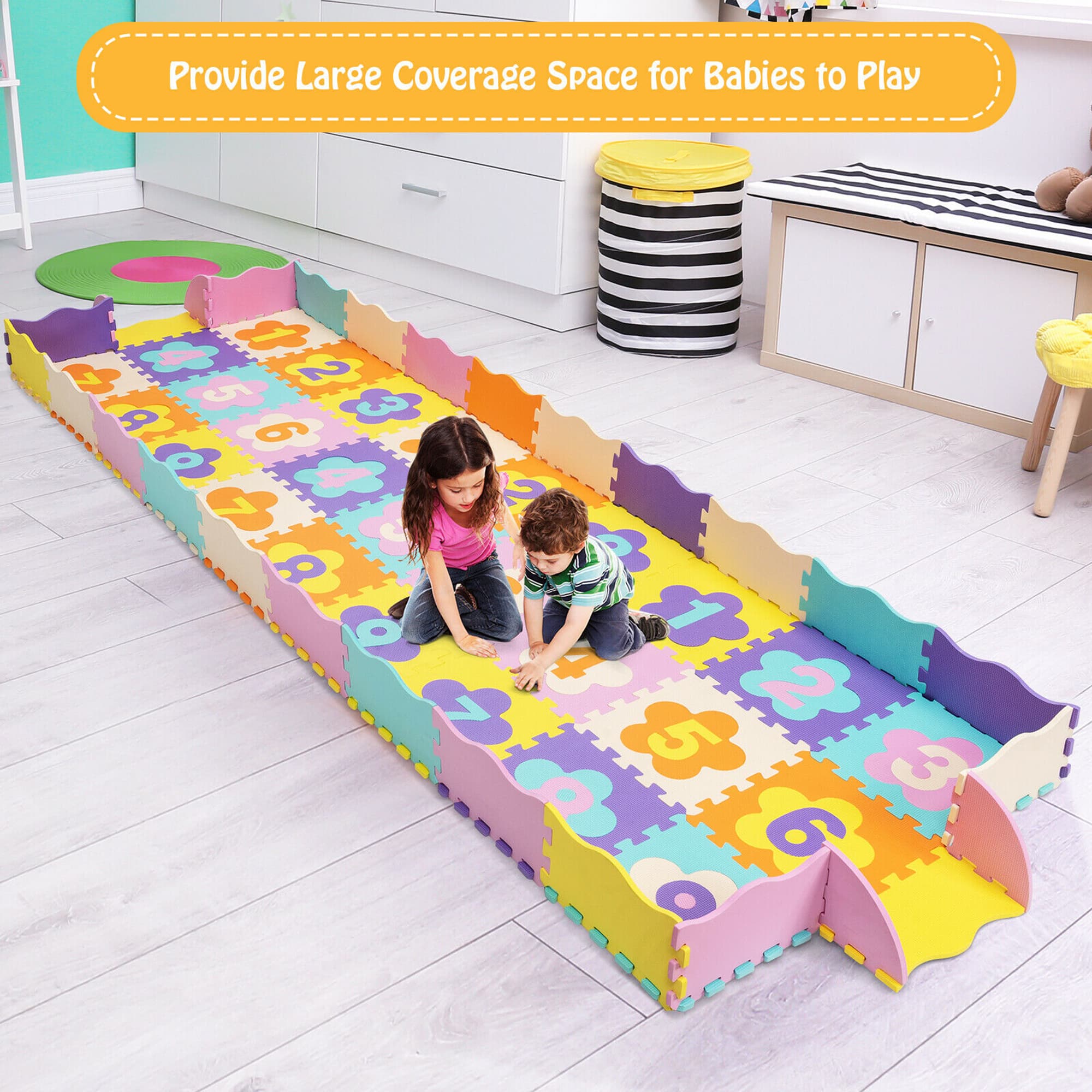 Costway 75 Pieces Baby Foam Interlocking Play Mat w/ Fence w/Detachable ...