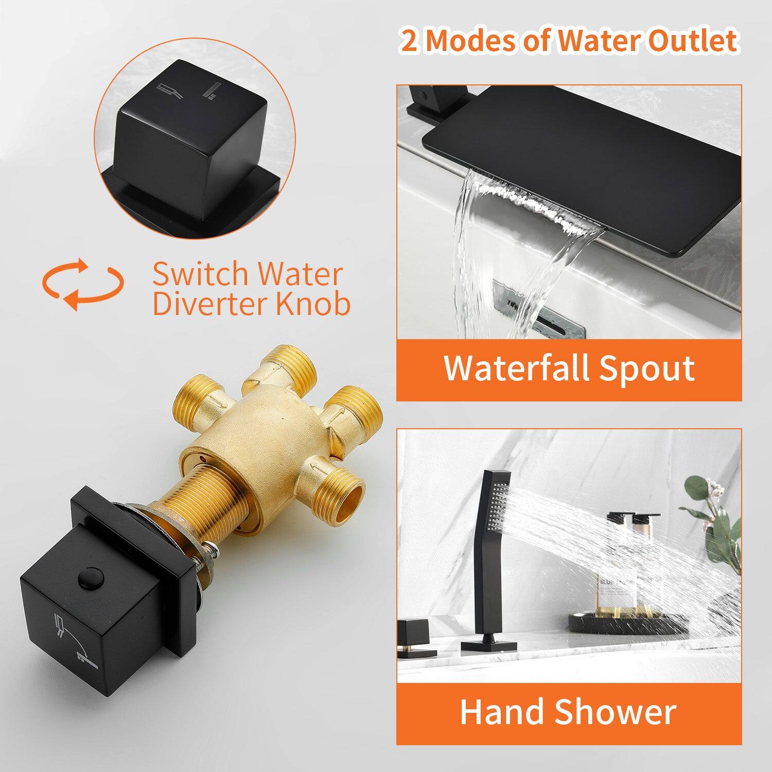 2 Modes of Water Outlet

Switch Water Diverter Knob

Waterfall Spout

Hand Shower
