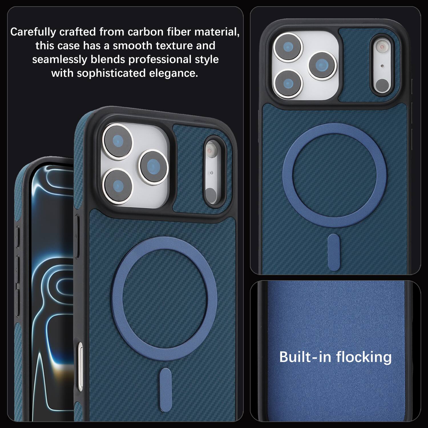 Carefully crafted from carbon fiber material, this case has a smooth texture and seamlessly blends professional style with sophisticated elegance. Built-in flocking