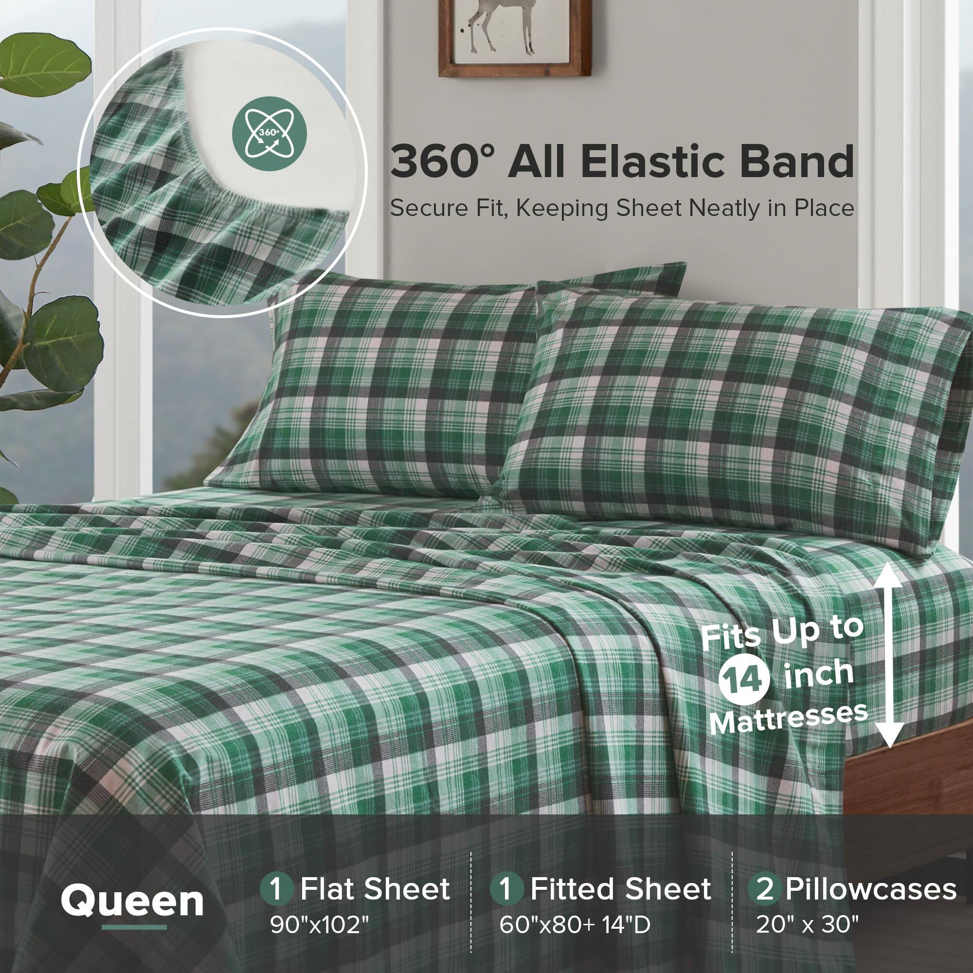 360° All Elastic Band  
Secure Fit, Keeping Sheet Neatly in Place  

Fits Up to 14 inch Mattresses  

Queen  
1 Flat Sheet 90"x102"  
1 Fitted Sheet 60"x80+ 14"D  
2 Pillowcases 20" x 30"