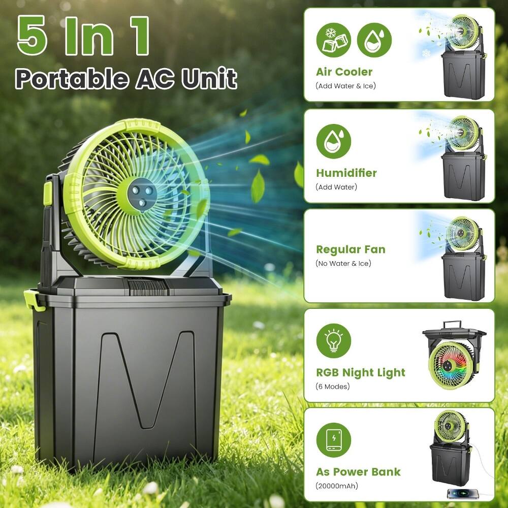 5 In 1 Portable AC Unit Air Cooler (Add Water & Ice) M Humidifier (Add Water) M Regular Fan (No Water & Ice) V RGB Night Light (6 Modes) As Power Bank (20000mAh)