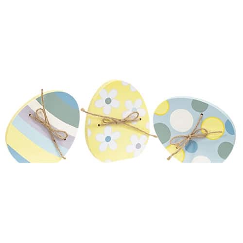 BreeBe - Dots & Stripe Wooden Easter Egg Sitter w/Jute Bow - 3 Asstd - Yellow, Blue, Green
