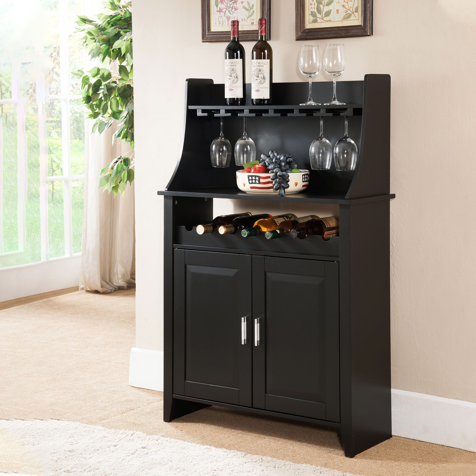 Kings Brand Furniture - Wood Wine Rack Buffet & Storage Cabinet - Black