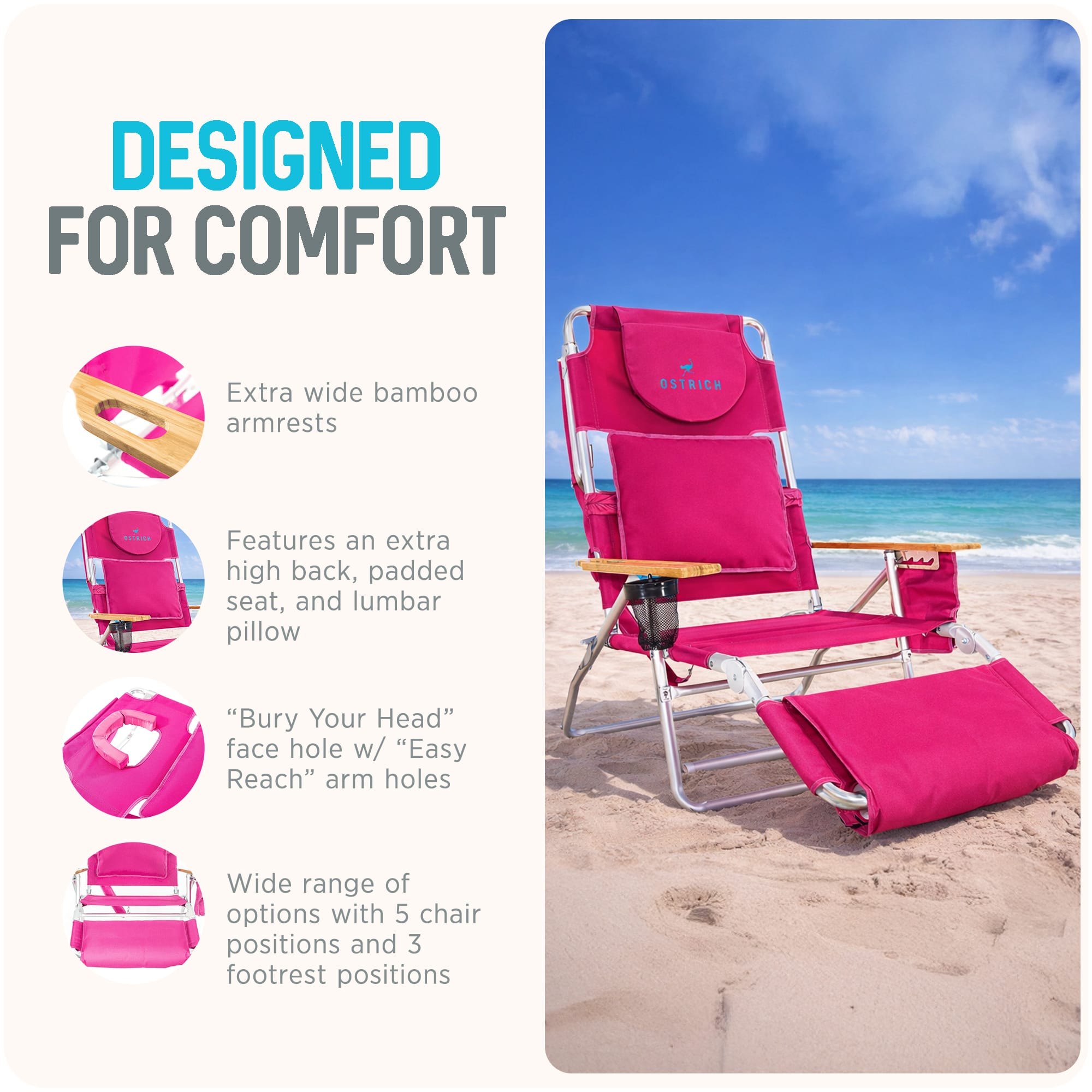 Ostrich The Deluxe 3N1 Lightweight Outdoor Beach Lounge Chair w