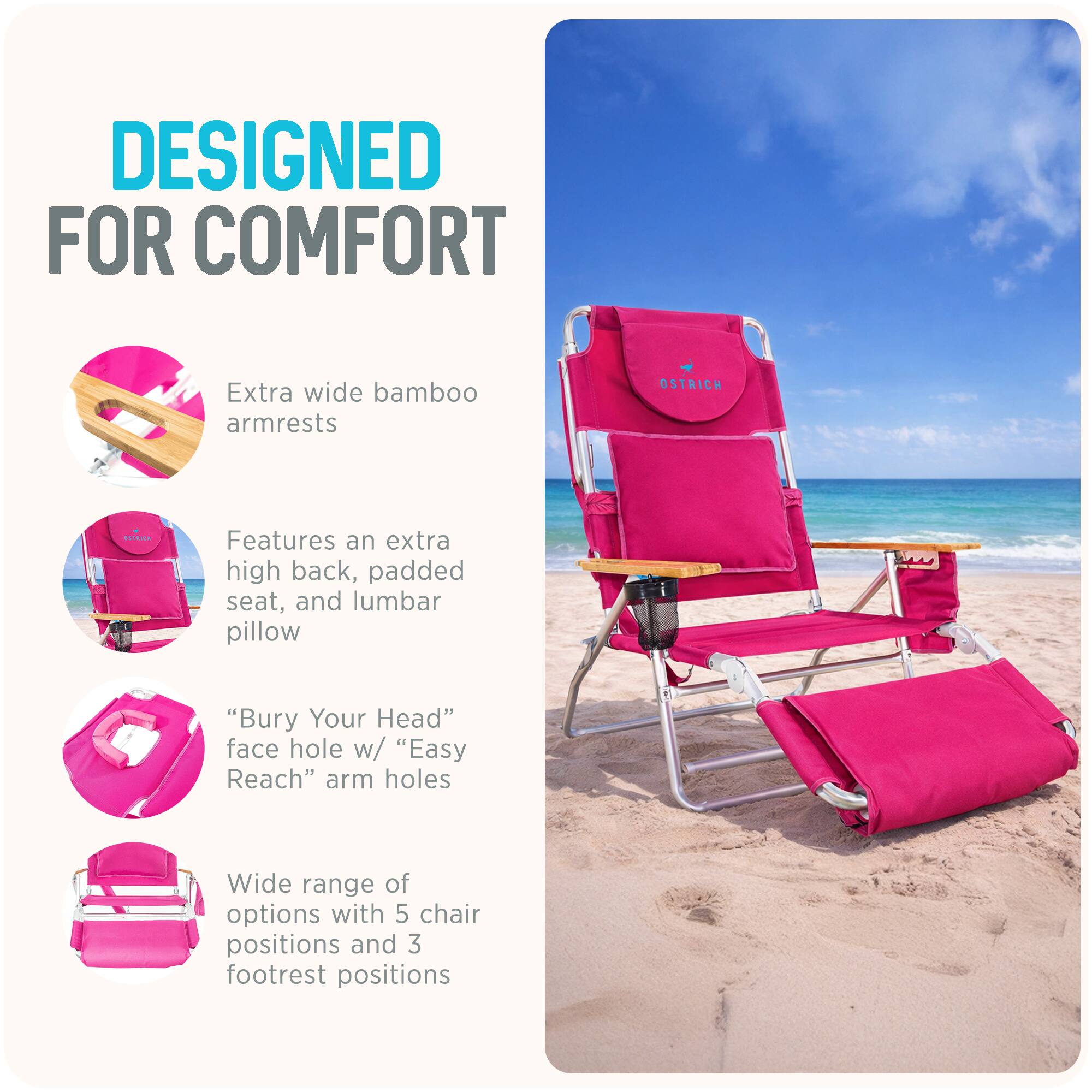 DESIGNED FOR COMFORT

- Extra wide bamboo armrests
- Features an extra high back, padded seat, and lumbar pillow
- "Bury Your Head" face hole w/ "Easy Reach" arm holes
- Wide range of options with 5 chair positions and 3 footrest positions