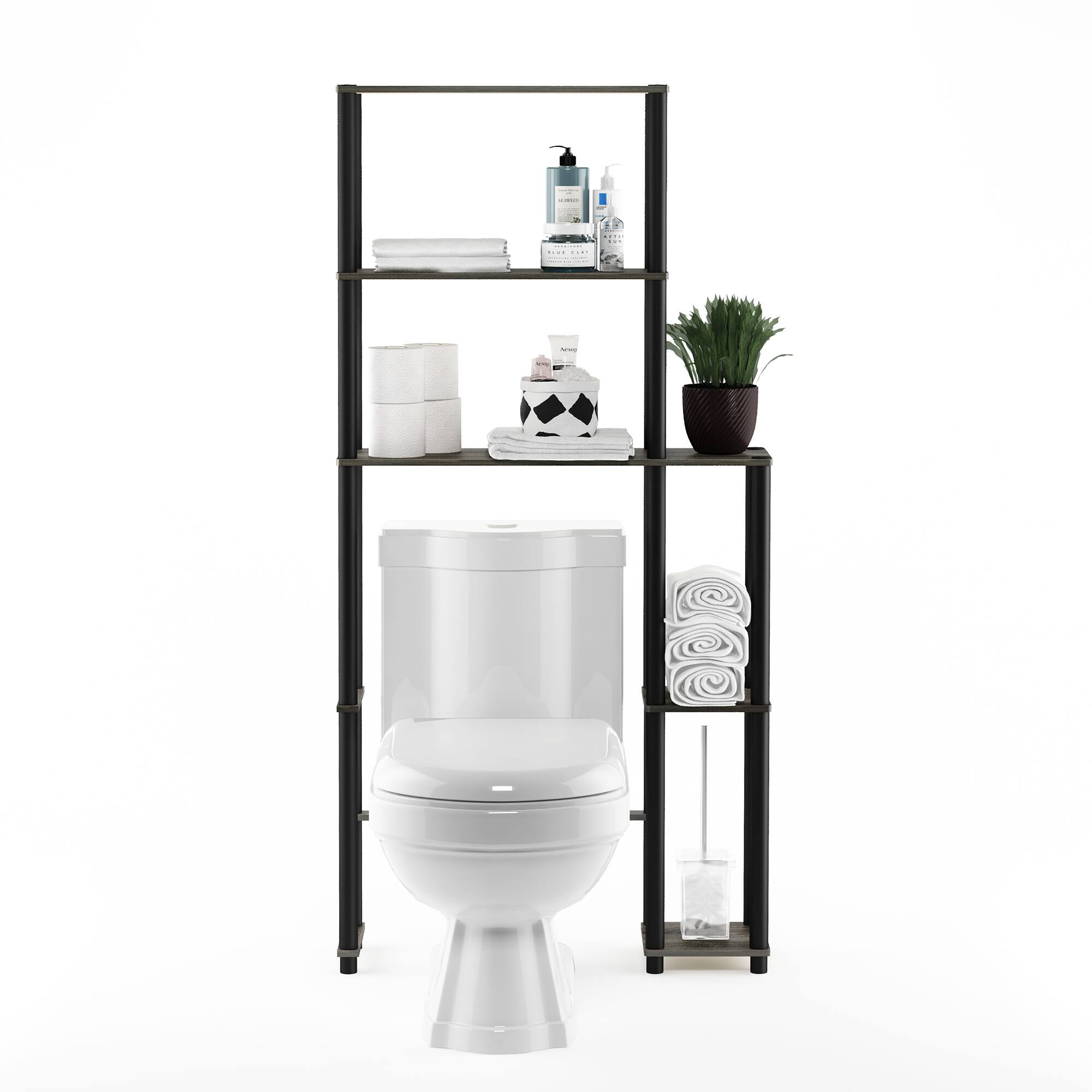 Alt View 5. Furinno - TURN-N-TUBE Storage Shelf, 5-Shelf Over Toilet Bathroom Organizer, Freestanig Space Saver Shelves, for Bathroom - Grey Oak/Black.