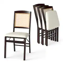 Costway - Folding Dining Chairs Set of 4 with Linen Padded Seat & Rattan Backrest for Kitchen - Coffee + Natural + Beige