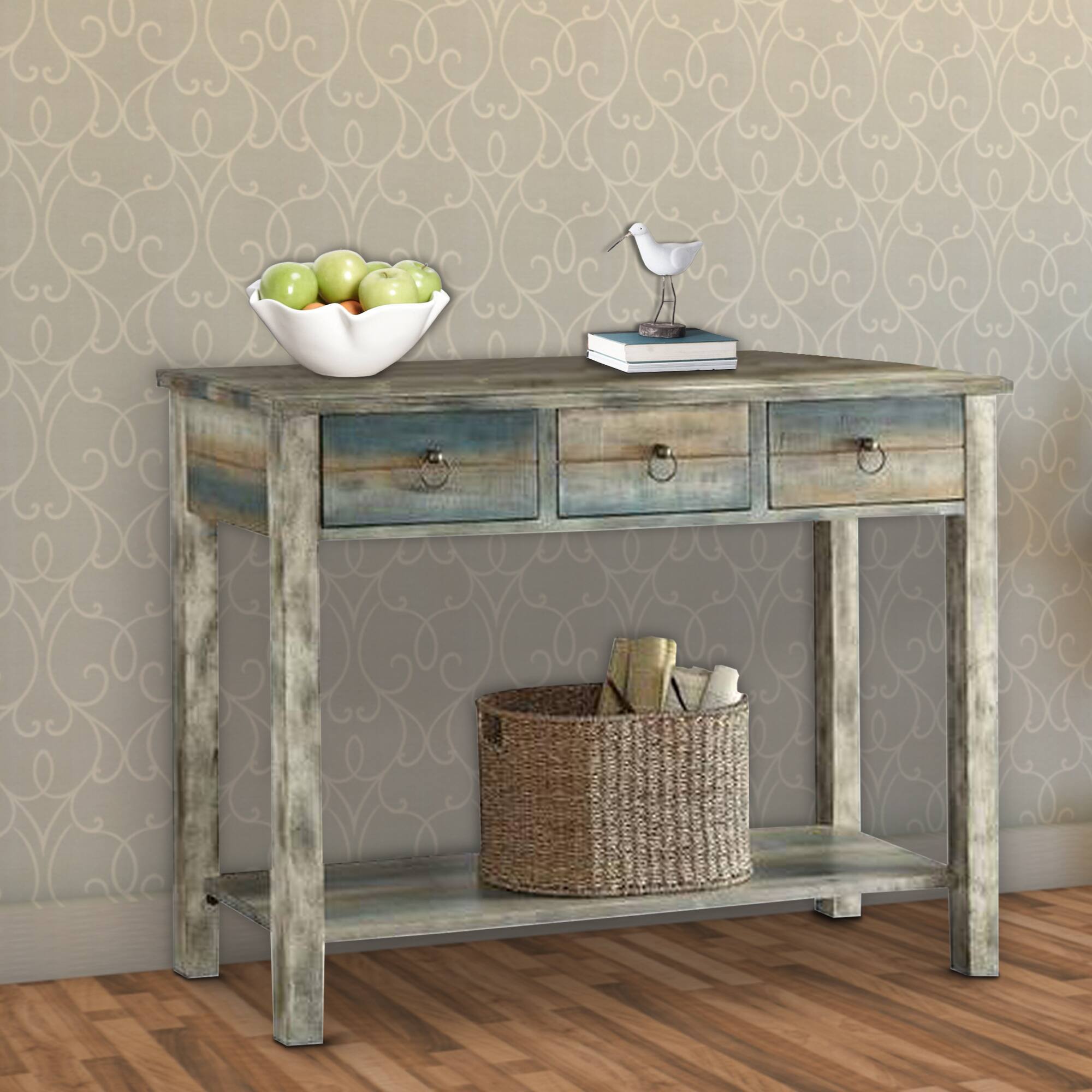 Alt View 2. Manhattan Lane - Glancio Beautiful Console Table - Antique White & Teal.