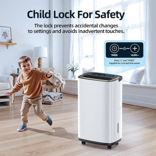 Child Lock For Safety  
The lock prevents accidental changes to settings and avoids inadvertent touches.  

TIMER + HUMI  
Press "+" and "TIMER" together for 3s to lock the screen.