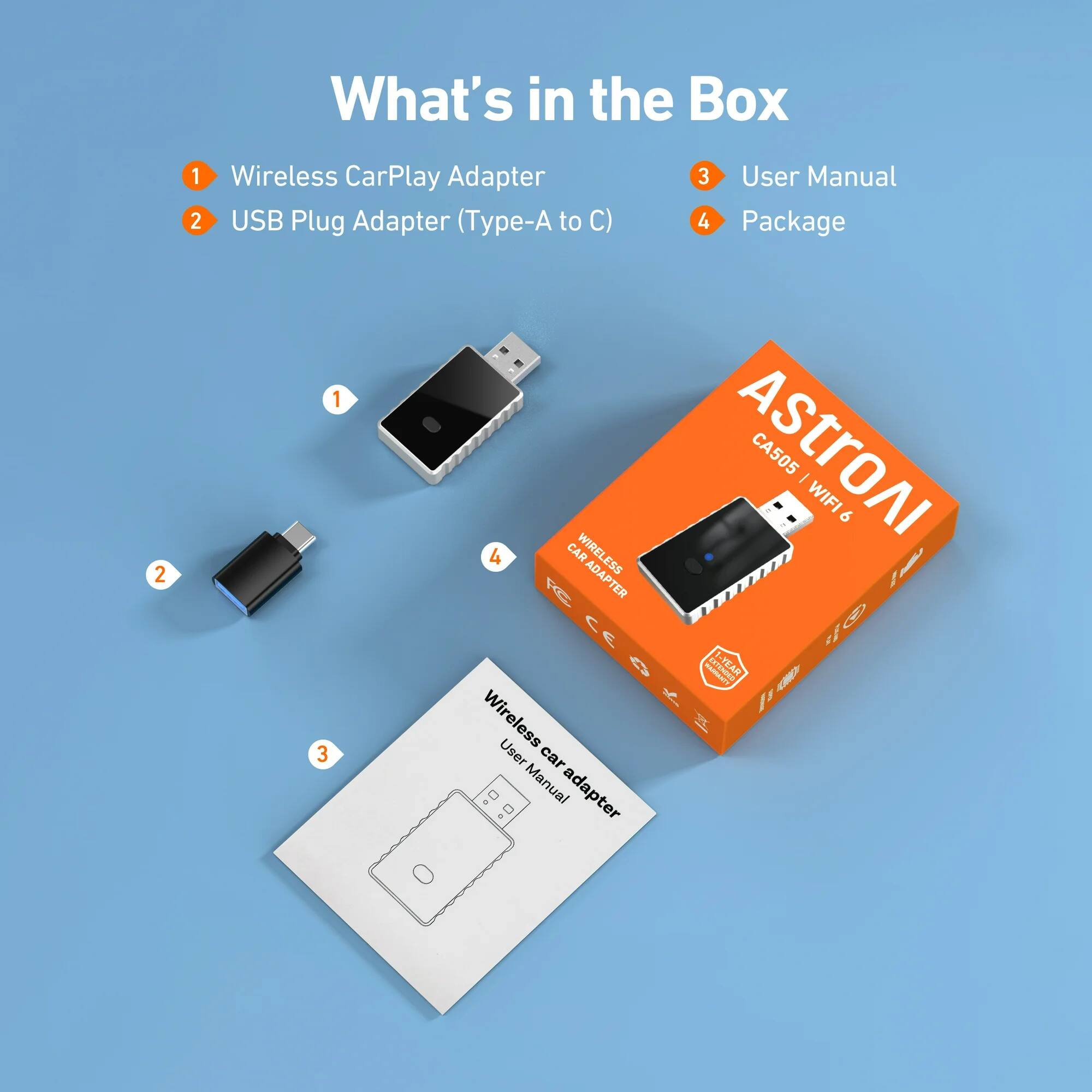 What's in the Box

1. Wireless CarPlay Adapter
2. USB Plug Adapter (Type-A to C)
3. User Manual
4. Package

AstroAI
CA505 | WIFI 6
Wireless Car Adapter