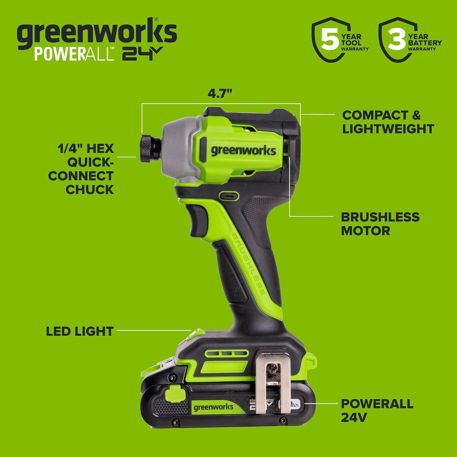 greenworks POWERALL 24V  
5 YEAR TOOL WARRANTY  
3 YEAR BATTERY WARRANTY  
4.7"  
1/4" HEX QUICK-CONNECT CHUCK LED LIGHT  
greenworks BRUSHLESS  
COMPACT & LIGHTWEIGHT BRUSHLESS MOTOR  
greenworks  
POWERALL 24V