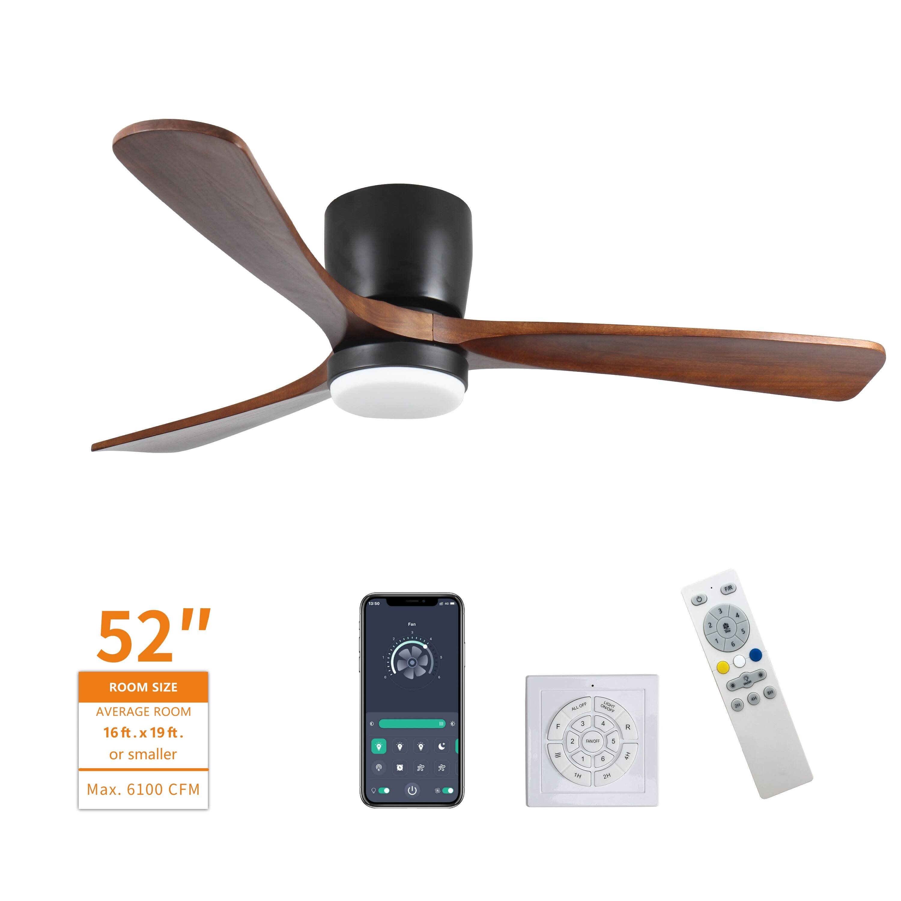 Sofucor - 52'' Wood Ceiling Fan with Integrated LED Lights and Remote Modern Flush Mount Ceiling Fan for Bedroom/Outdoor/Farmhouse - Black