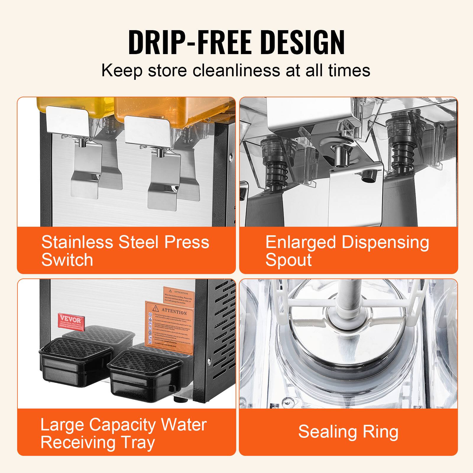 DRIP-FREE DESIGN, Keep store cleanliness at all times, Stainless Steel Press Switch, Enlarged Dispensing Spout, Large Capacity Water Receiving Tray, Sealing Ring