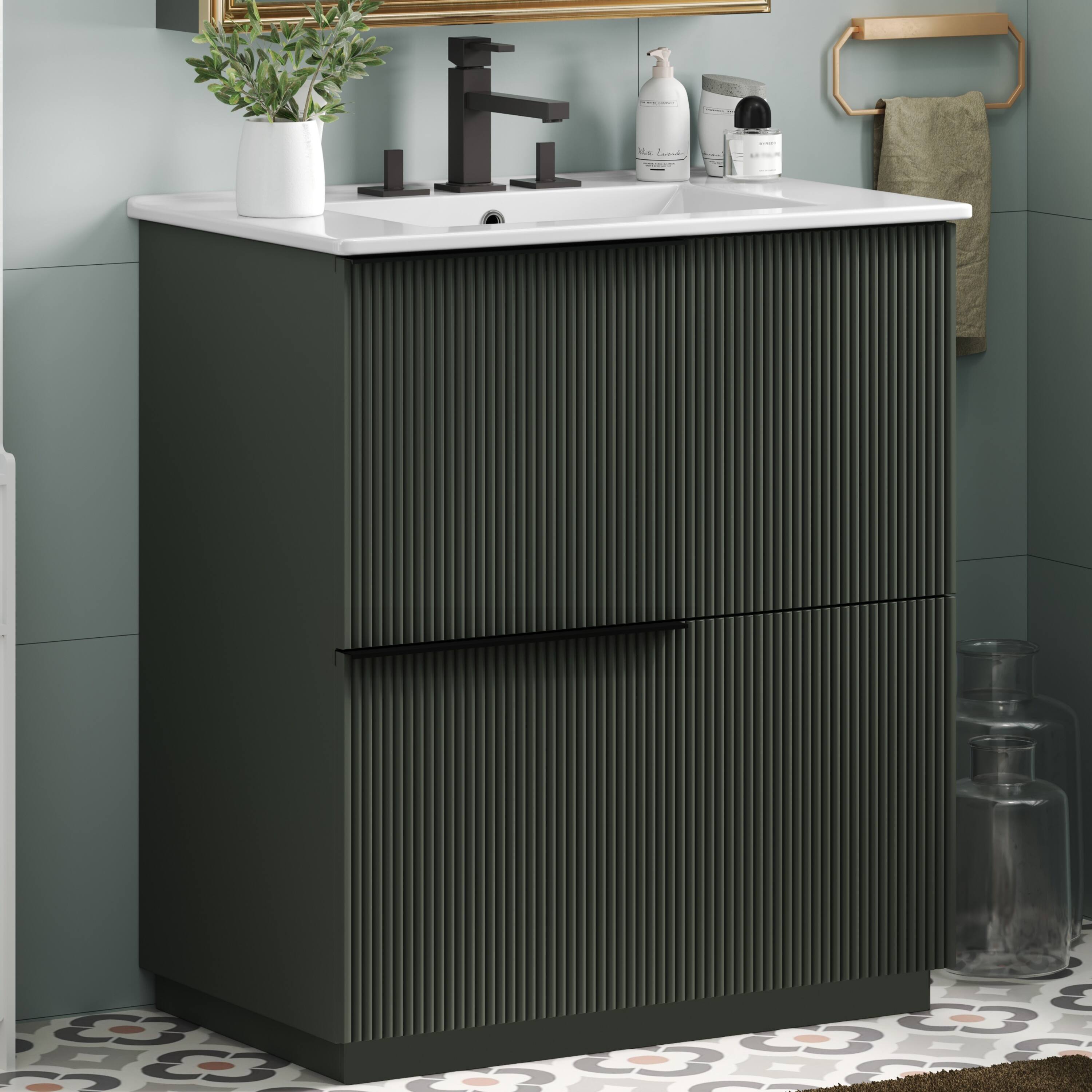 Alt View 2. Boyel Living - 30 Inch Bathroom Vanity with Ceramic Sink Full Extension Drawers Soft Close Fluted Design Green - Green.