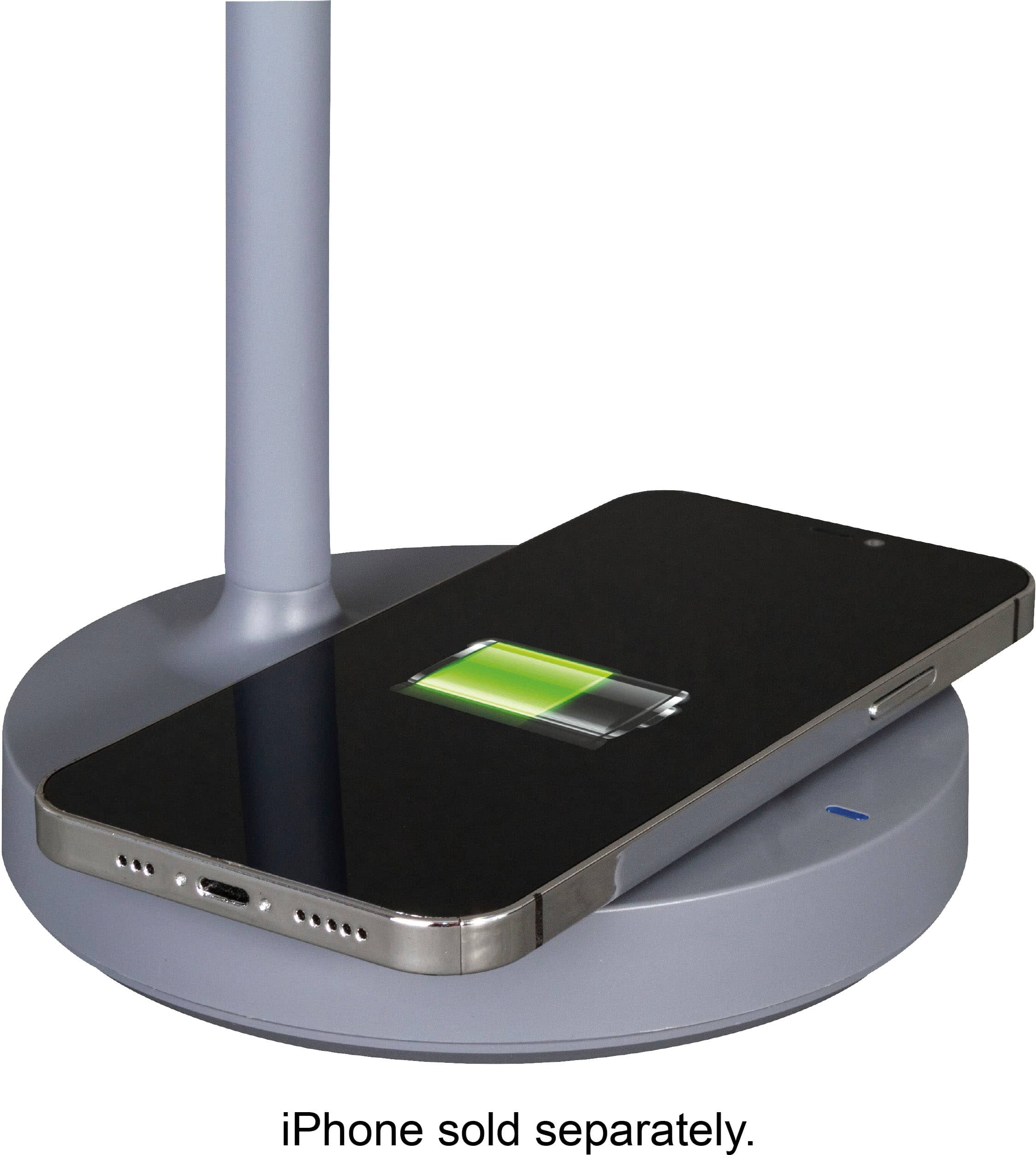 The image shows a phone on a stand, with the text "iPhone sold separately." This suggests that the phone is not included with the stand and must be purchased separately. The stand is designed to hold the phone upright, making it convenient for the user to view the screen.
