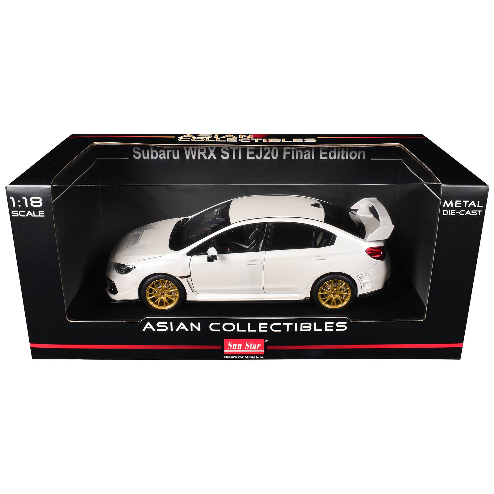 COLLECTIBLES Subaru WRX STI EJ20 Final Edition  
1:18 SCALE  
METAL DIE-CAST  
ASIAN COLLECTIBLES Sun Star  
Create for Miniature.
