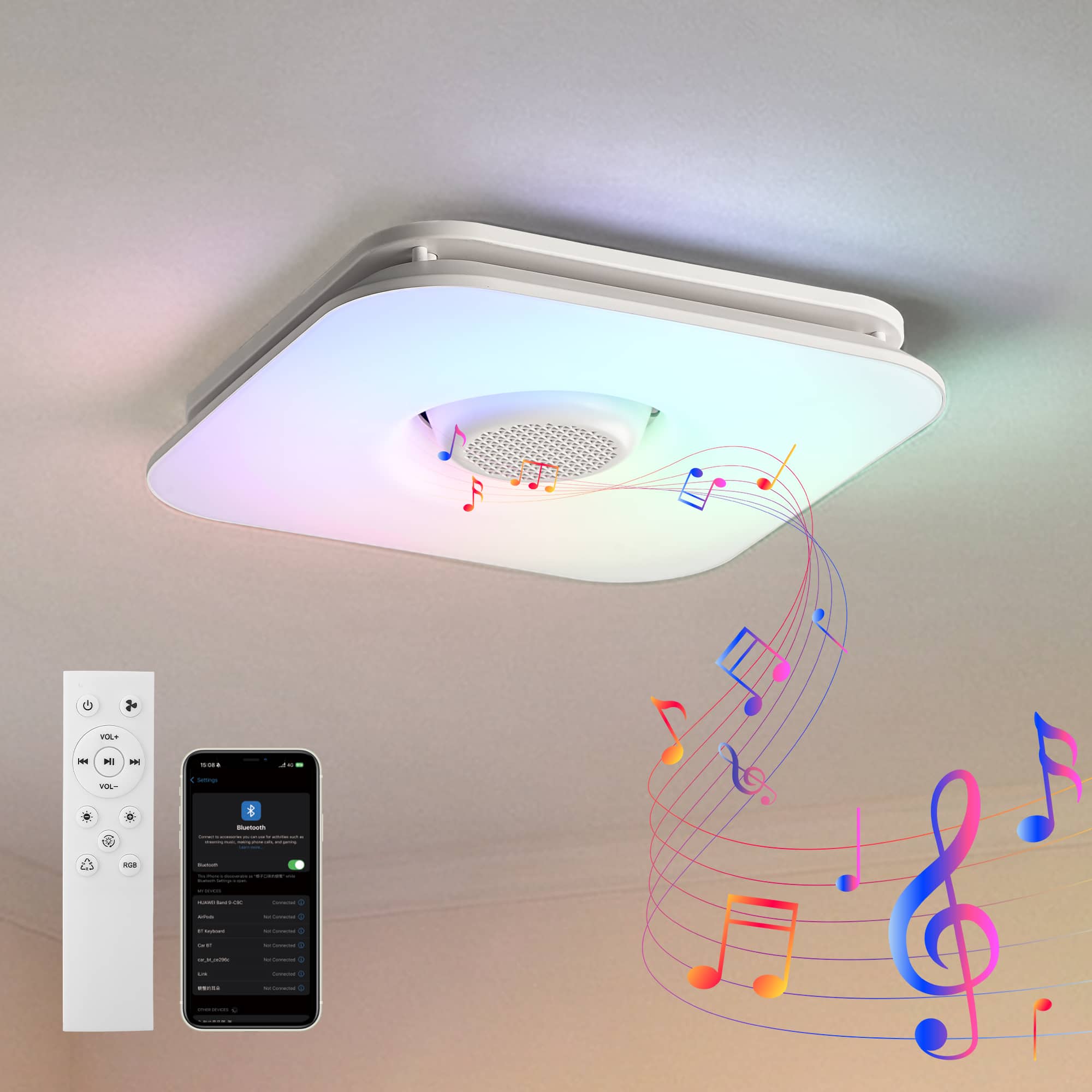 Vaczon - Smart 12 in Bathroom Exhaust Fan with 112 CFM Dimmable 3CCT RGB LED and Bluetooth Speaker with Remote and App Control - White