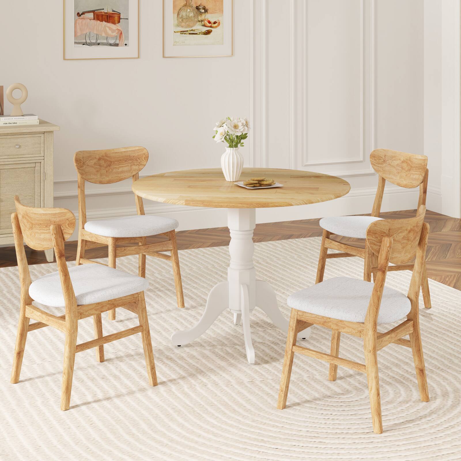 Alt View 4. SlickBlue - Wood Dining Table with Round Tabletop and Stylish Trestle Legs - Natural, White.