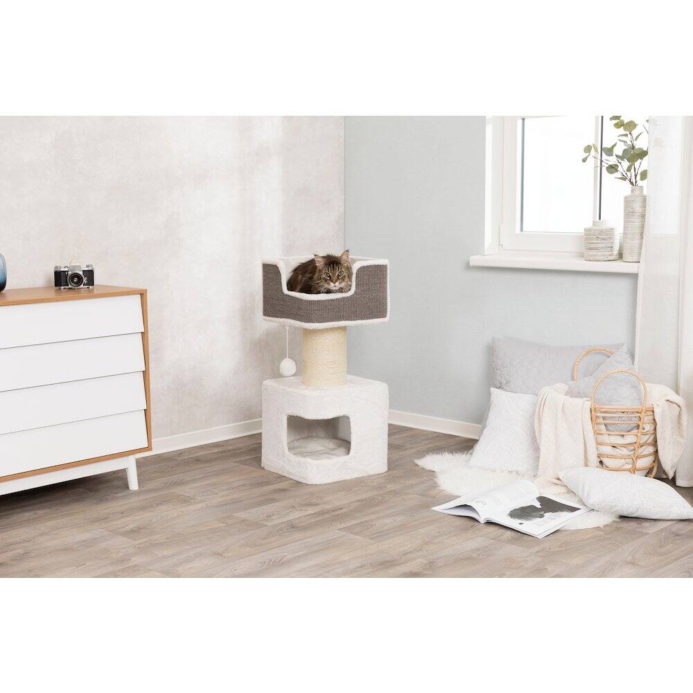 Left. TRIXIE - Ava XXL Jute & Plush 2-Level Cat Tree with Scratching Post & Condo - Gray/White.