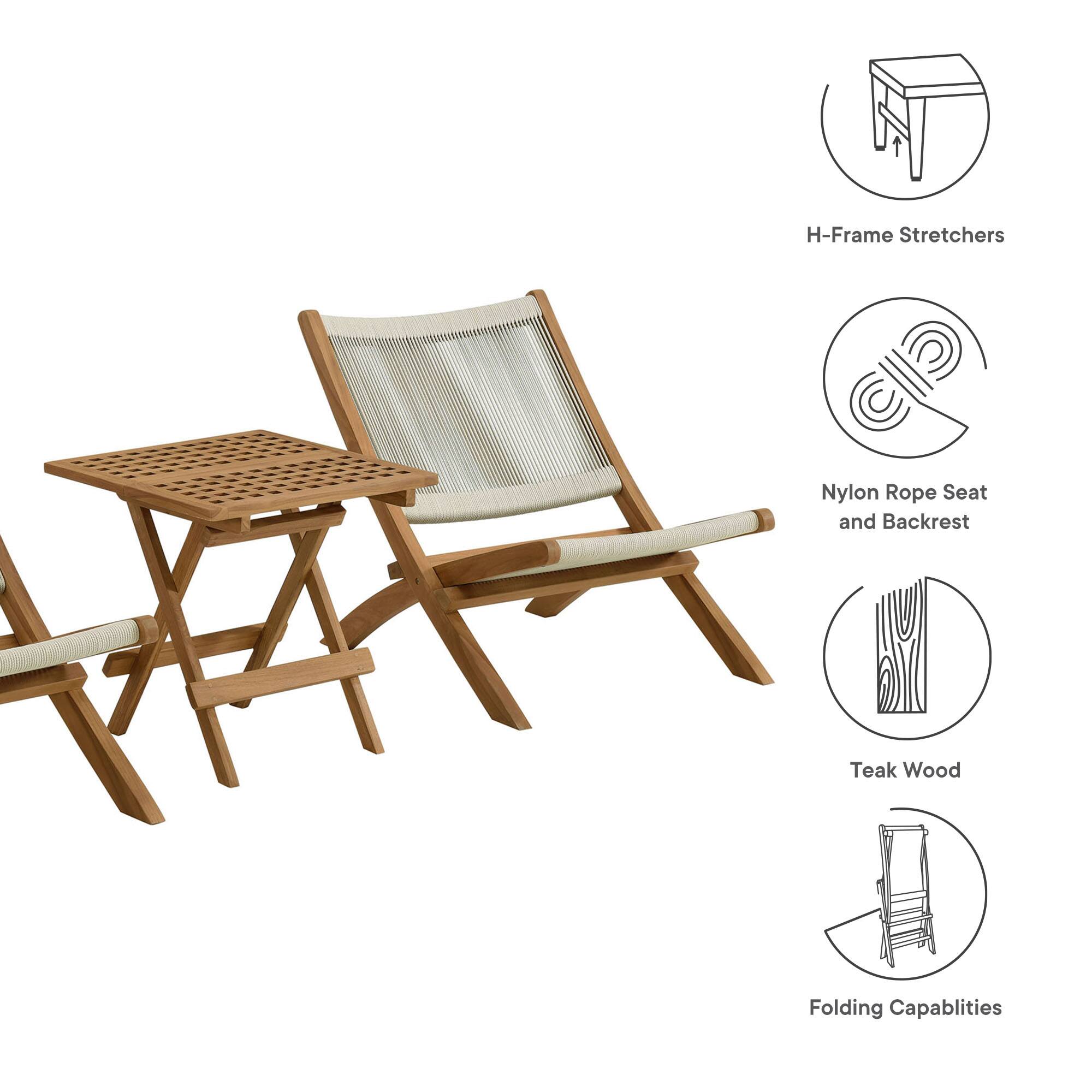 - H-Frame Stretchers
- Nylon Rope Seat and Backrest
- Teak Wood
- Folding Capabilities