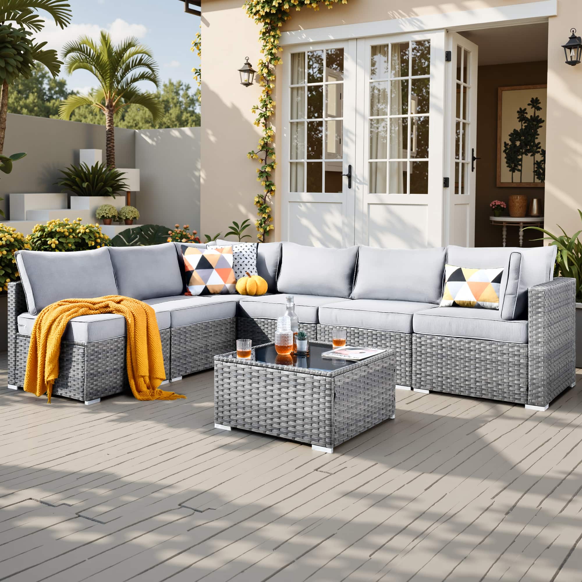 Ovios - 7 PCS Patio Furniture Outdoor Sofa Sets with Wicker, Cushions and Coffee Table for Garden, Backyard and Balcony - Gray