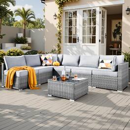 Ovios - 7 PCS Patio Furniture Outdoor Sofa Sets with Wicker, Cushions and Coffee Table for Garden, Backyard and Balcony - Gray