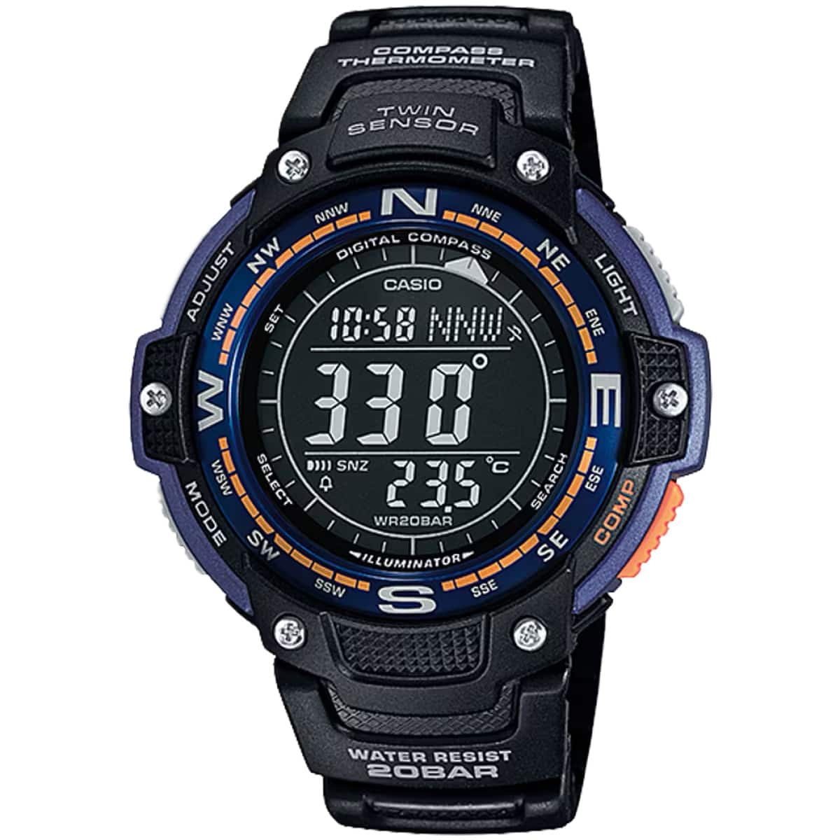 Casio - Men's Outdoor Digital Compass Watch with Blue and Orange Accents - SGW-100-2B - Black
