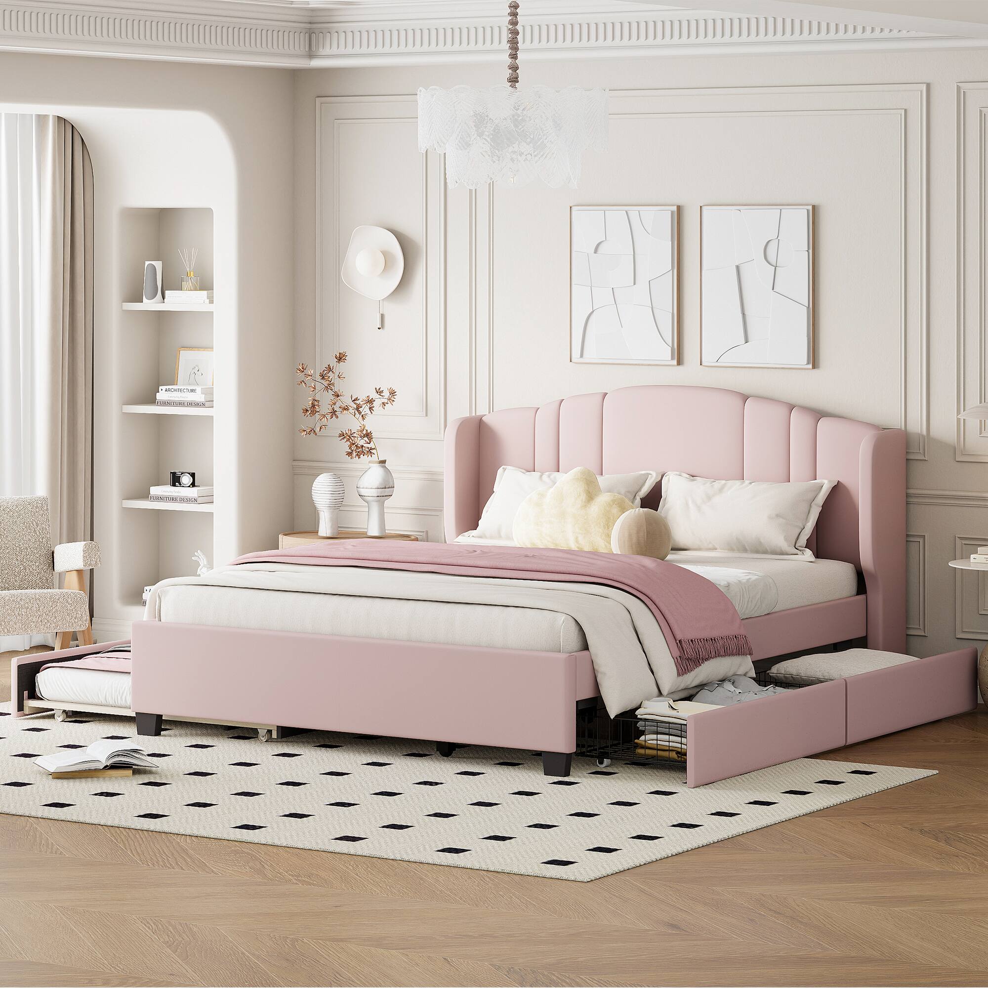 Alt View 1. APRILSOUL - Upholstered Platform Bed with Wingback Headboard One Twin Trundle and 2 Drawers No Box Spring Needed Queen Size Pink - Pink.