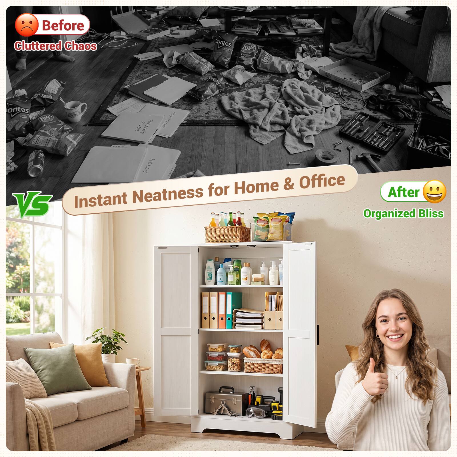 Before Cluttered Chaos

VS

Instant Neatness for Home & Office

After Organized Bliss