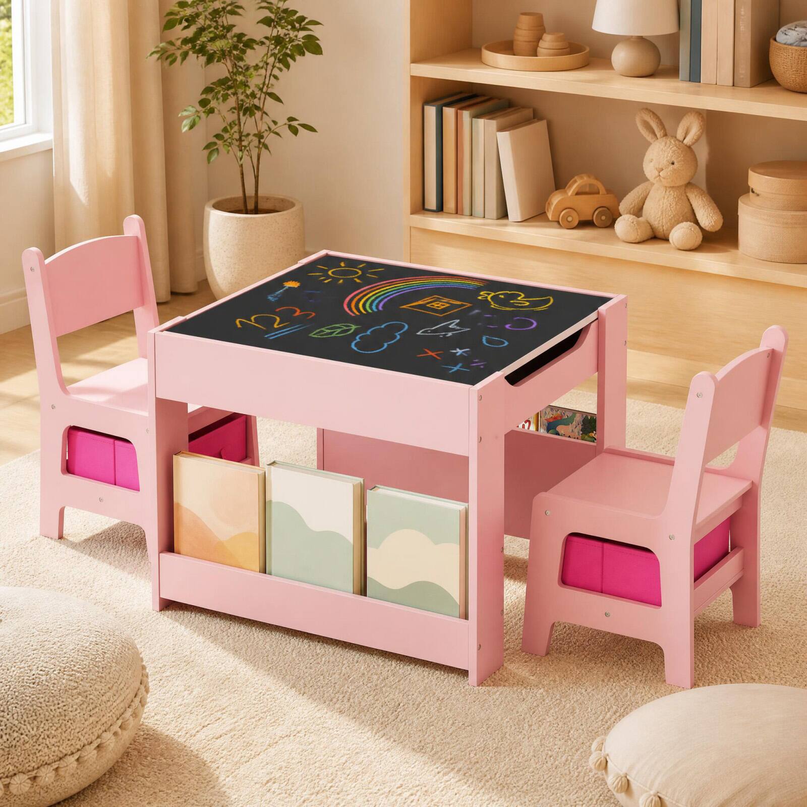 Alt View 1. Costway - Costway 4-in-1 Kids Table & Chair Set Toddler Wooden Activity Table with Side Bookshelves - Pink.