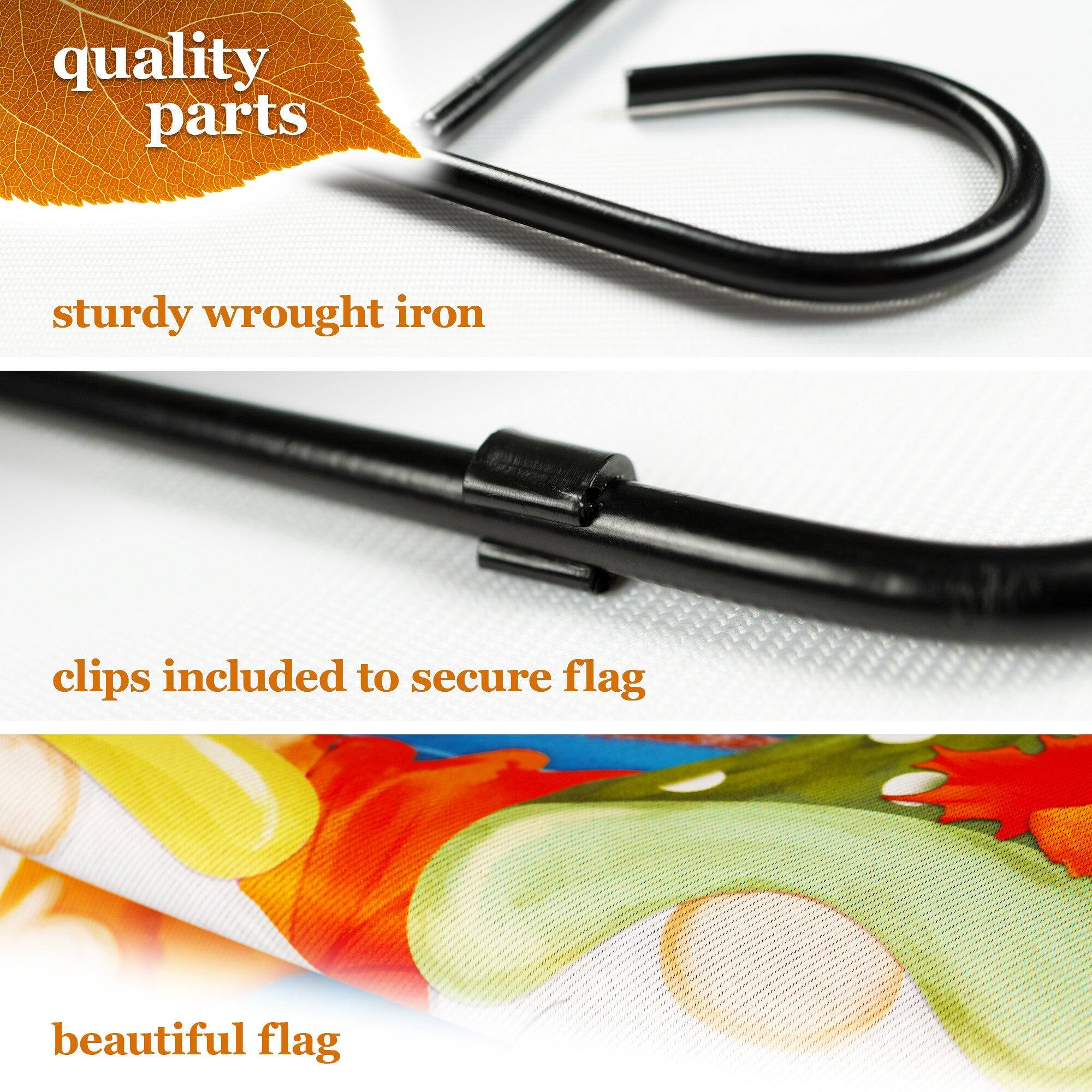 quality parts  
sturdy wrought iron  
clips included to secure flag  
beautiful flag