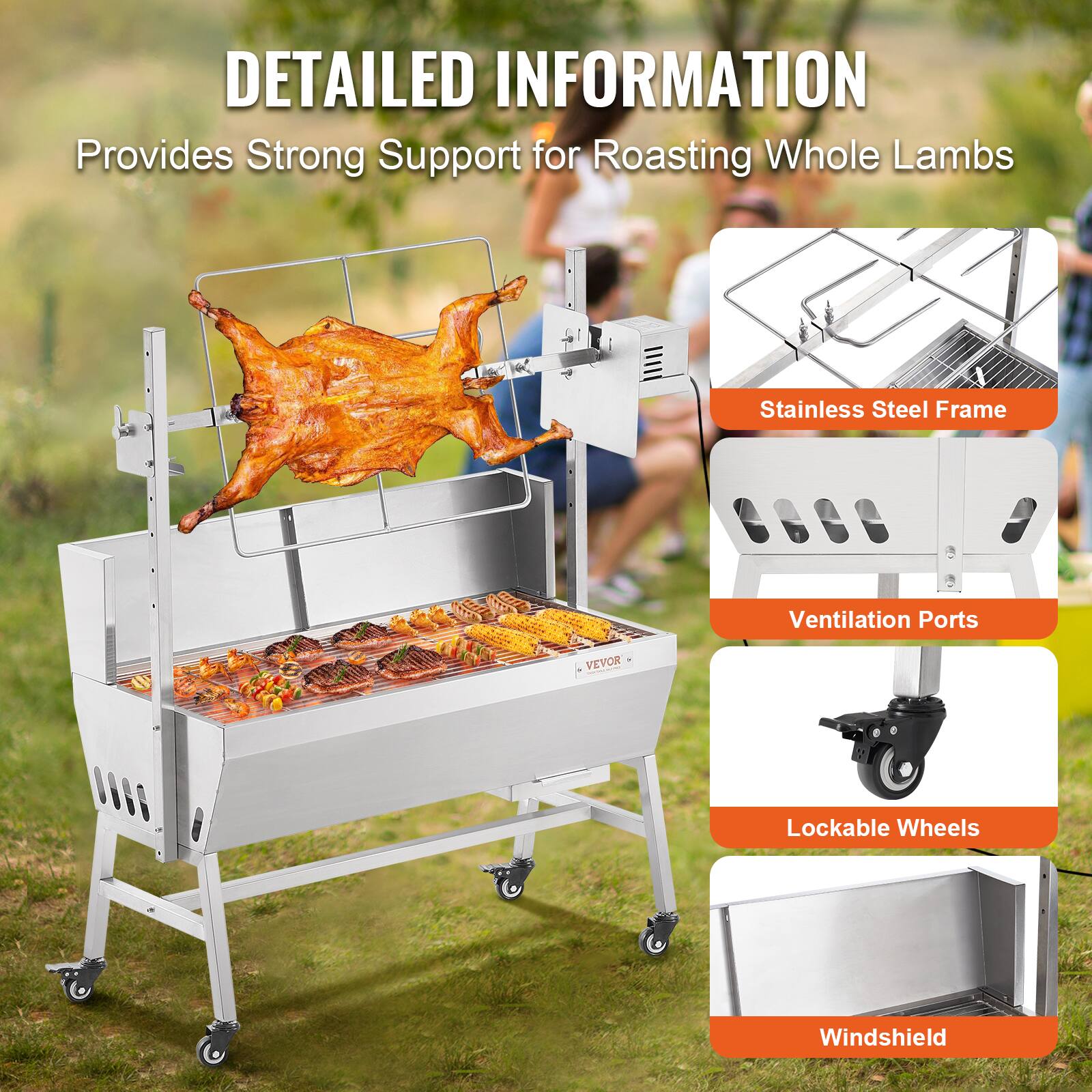 DETAILED INFORMATION, Provides Strong Support for Roasting Whole Lambs, Stainless Steel Frame, Ventilation Ports, Lockable Wheels, Windshield
