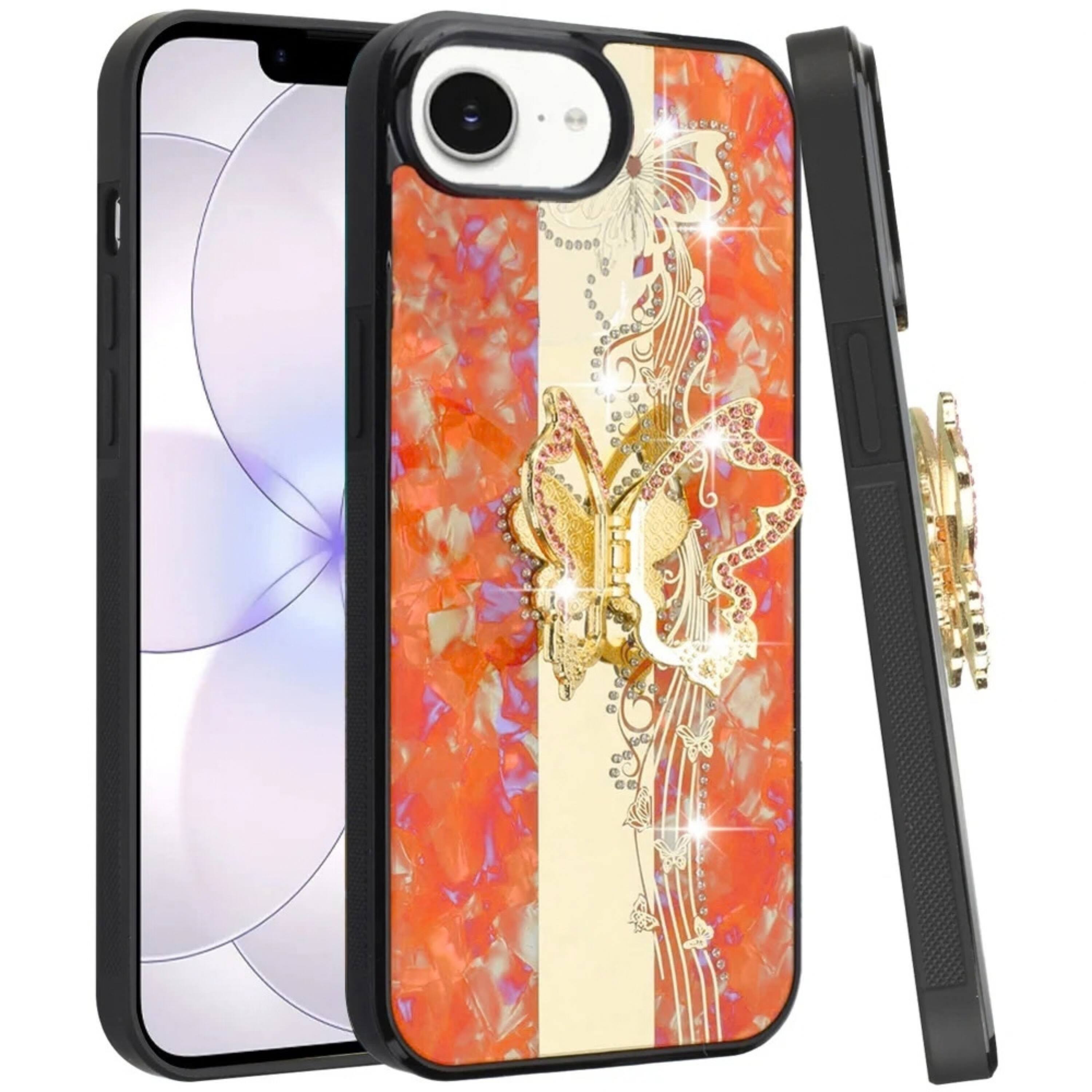 Angle. Kitcheniva - Crystal Diamond Glitter Phone Case With Tempered Glass For iPhone 16e 17e Cosmic Orange - Orange.